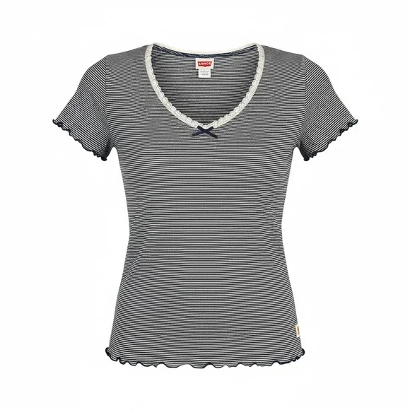 LEVIS S Navy Blue White Stripe V Neck Tee Lettuce Edge Sleeves Bow R $34 - Picture 3 of 11